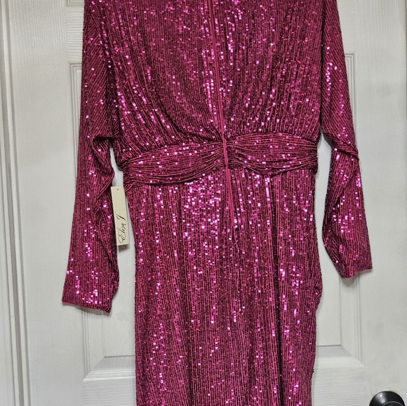 Eliza J Cocktail Dress Size 12 Pink Sequined Long Sleeve Draped Shoulder Pad NWT - Picture 10 of 10